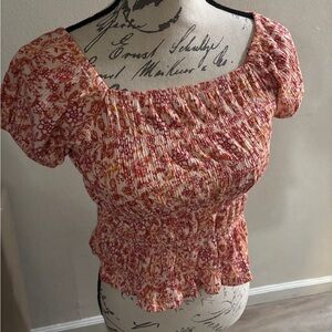Old Navy Red and White Smocked Puff Sleeve Blouse